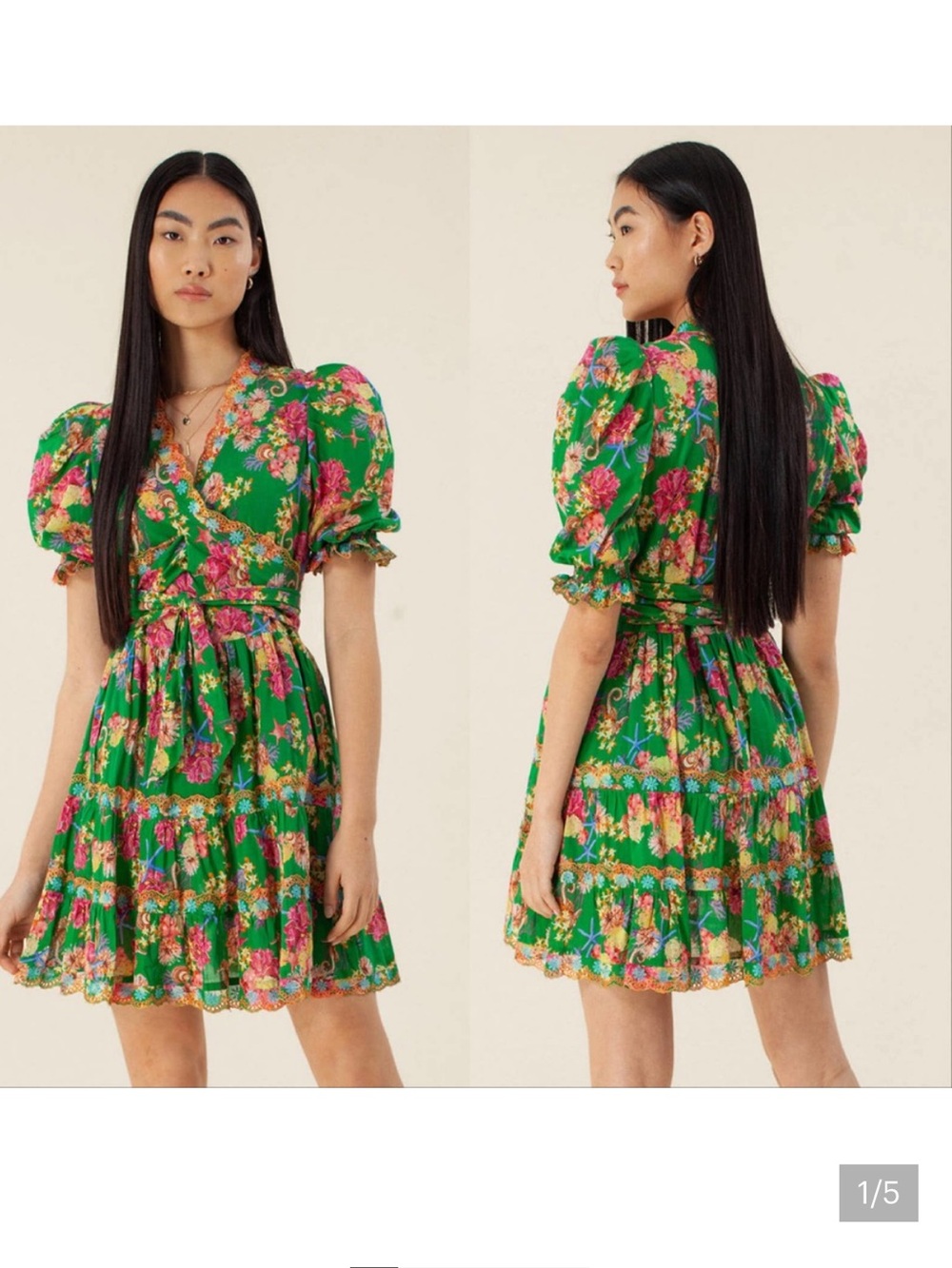 Hale Bob Los Angeles Floral Wrap Puff Sleeve Mini Dress Green Medium perfect con